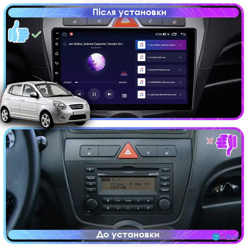 Штатная магнитола Lesko для Kia Picanto I Рестайлинг 2007-2011 экран 9" 1/16Gb Wi-Fi GPS Base