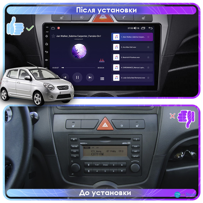 Штатная магнитола Lesko для Kia Picanto I Рестайлинг 2007-2011 экран 9" 4/64Gb CarPlay 4G Wi-Fi GPS Prime