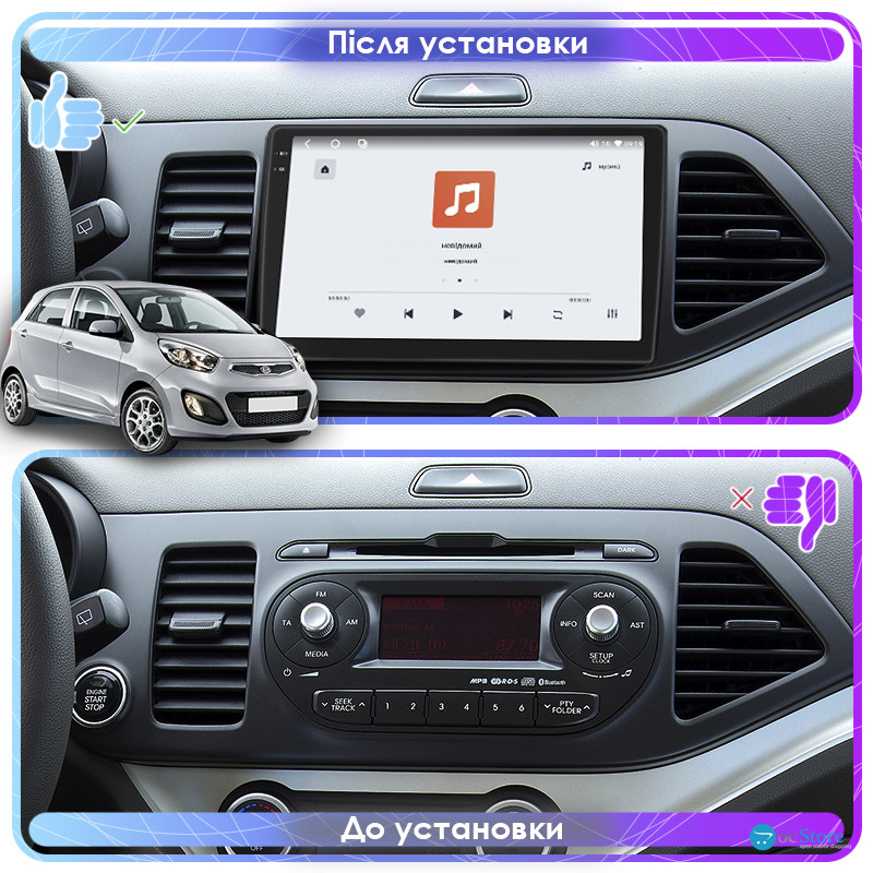 Штатная магнитола Lesko для Kia Picanto II 2011-2015 экран 9" 4/64 QLED CarPlay 4G Wi-Fi GPS 360 Prime