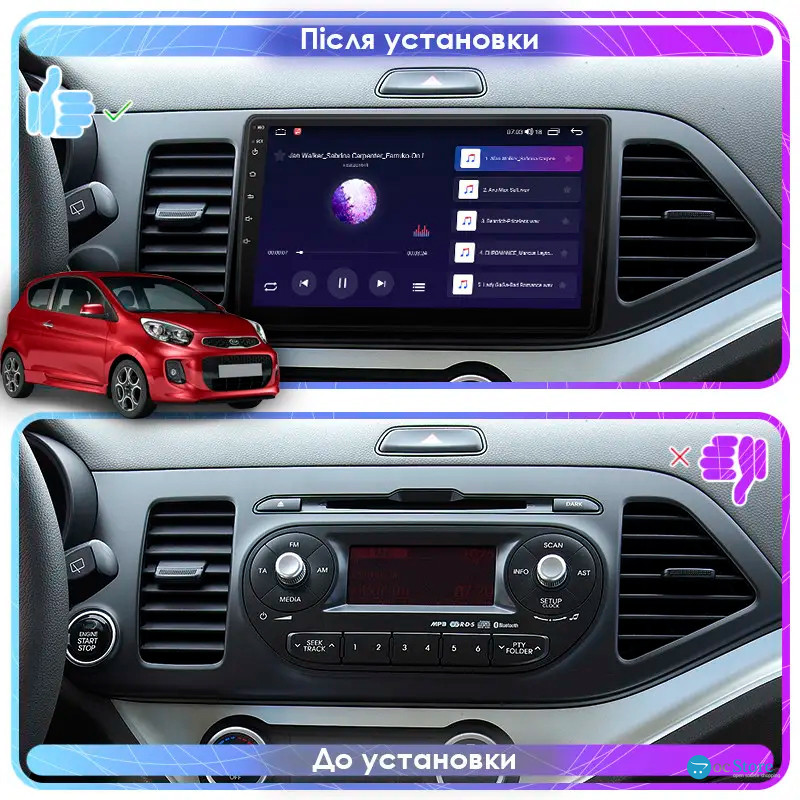 Штатная магнитола Lesko для Kia Picanto II Рестайлинг 2015-2017 экран 9" 1/16Gb Wi-Fi GPS Base