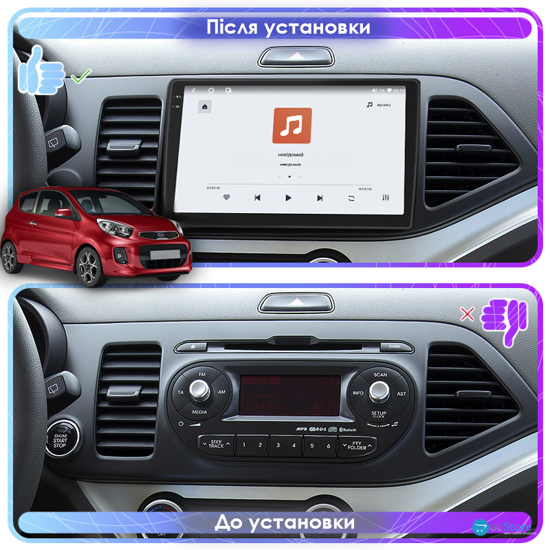 Штатная магнитола Lesko для Kia Picanto II Рестайлинг 2015-2017 экран 9" 4/64 QLED CarPlay 4G Wi-Fi GPS 360 Prime