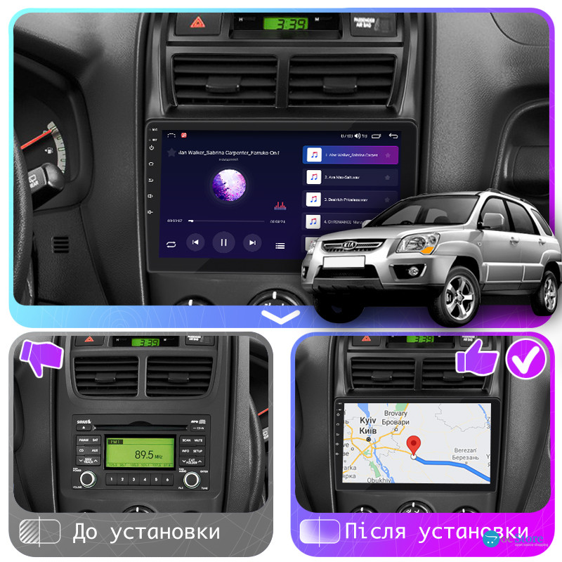 Штатная магнитола Lesko для Kia Sportage II Рестайлинг 2008-2010 экран 9" 2/32Gb CarPlay 4G Wi-Fi GPS Prime