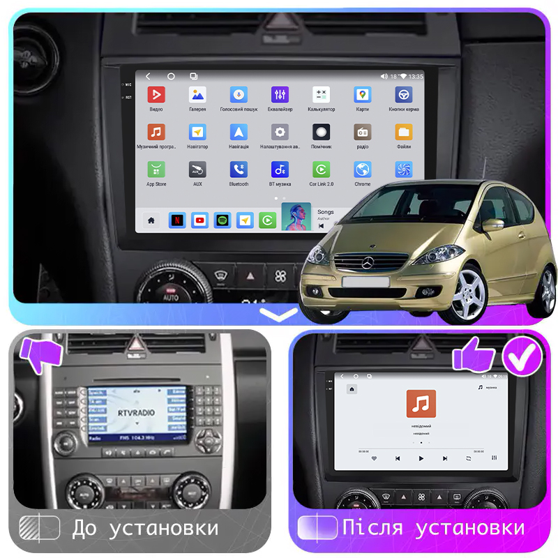 Штатная магнитола Lesko для Mercedes-Benz A-Класс II (W169) Рестайлинг 2008-2012 экран 9" 4/64 QLED CarPlay 4G Wi-Fi GPS 360 Prime