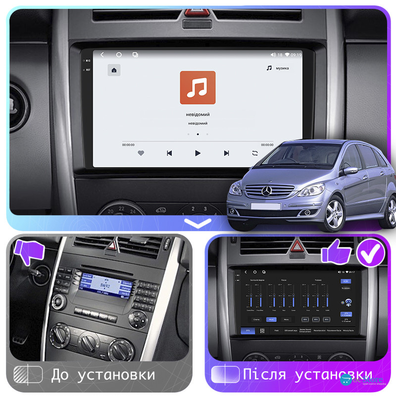 Штатная магнитола Lesko для Mercedes-Benz B-Класс I (W245) Рестайлинг 2008-2011 экран 9" 4/64 QLED CarPlay 4G Wi-Fi GPS 360 Prime