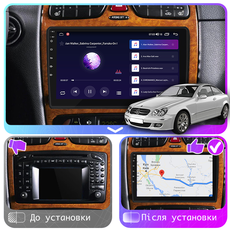 Штатная магнитола Lesko для Mercedes-Benz CLK-Класс II (W209) 2002-2005 экран 9" 2/32Gb CarPlay 4G Wi-Fi GPS Prime