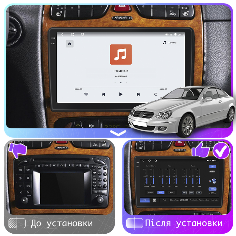 Штатная магнитола Lesko для Mercedes-Benz CLK-Класс II (W209) 2002-2005 экран 9" 4/64 QLED CarPlay 4G Wi-Fi GPS 360 Prime