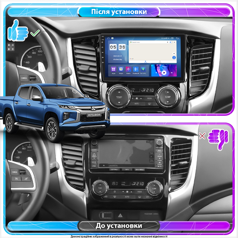 Штатная магнитола Lesko для Mitsubishi L200 V Manual AC 2015-2019 экран 9" 2/32Gb CarPlay 4G Wi-Fi GPS Prime