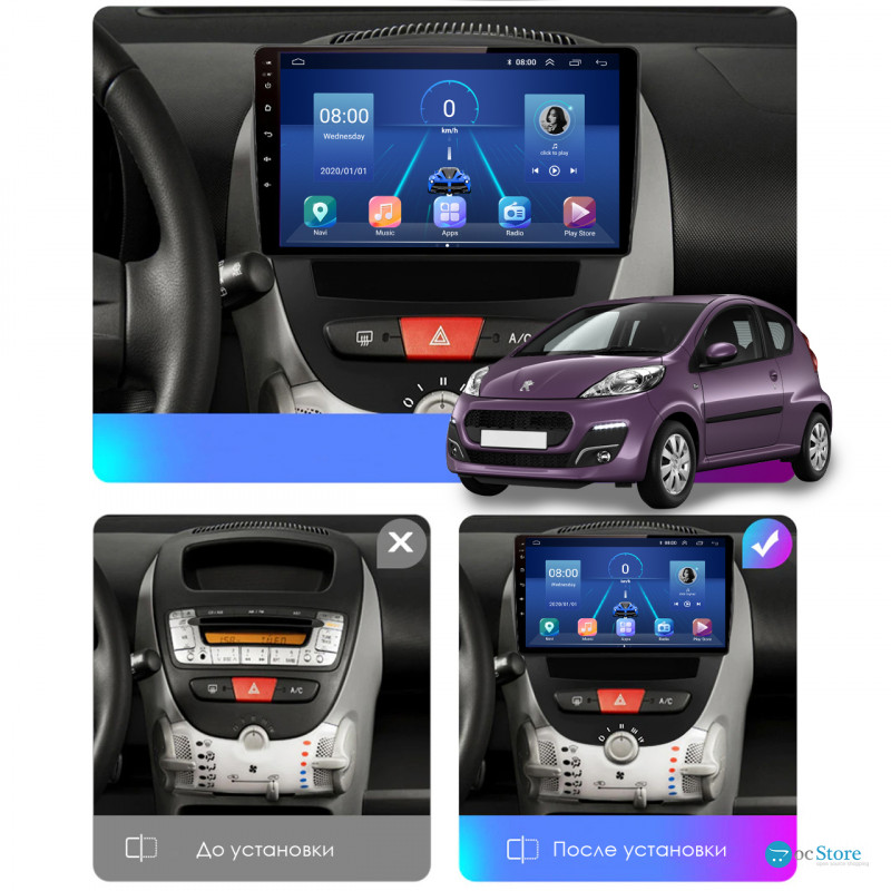 Штатная магнитола Lesko для Peugeot 107 I Рестайлинг 2009-2012 экран 10" 2/32Gb 4G Wi-Fi GPS Top