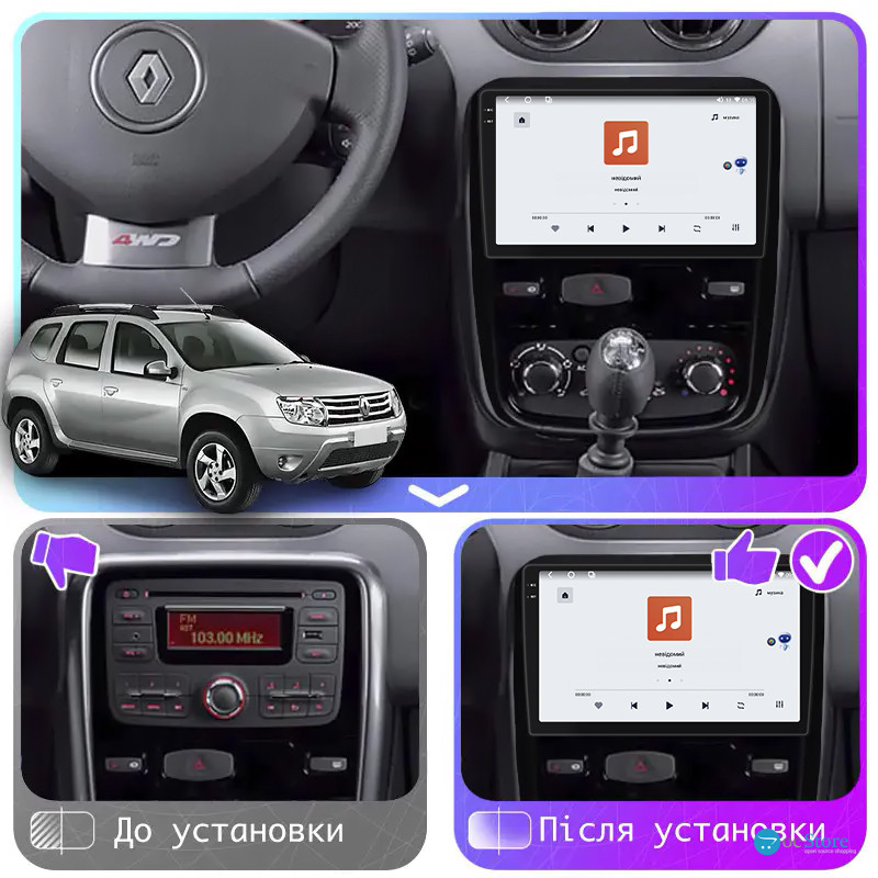 Штатная магнитола Lesko для Renault Duster I 2010-2015 экран 9" 4/64 QLED CarPlay 4G Wi-Fi GPS 360 Prime