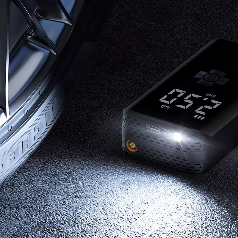 Портативный автомобильный компрессор HELLOLEIBOO CQB-008-04 беспроводной с дисплеем фонариком Type-C