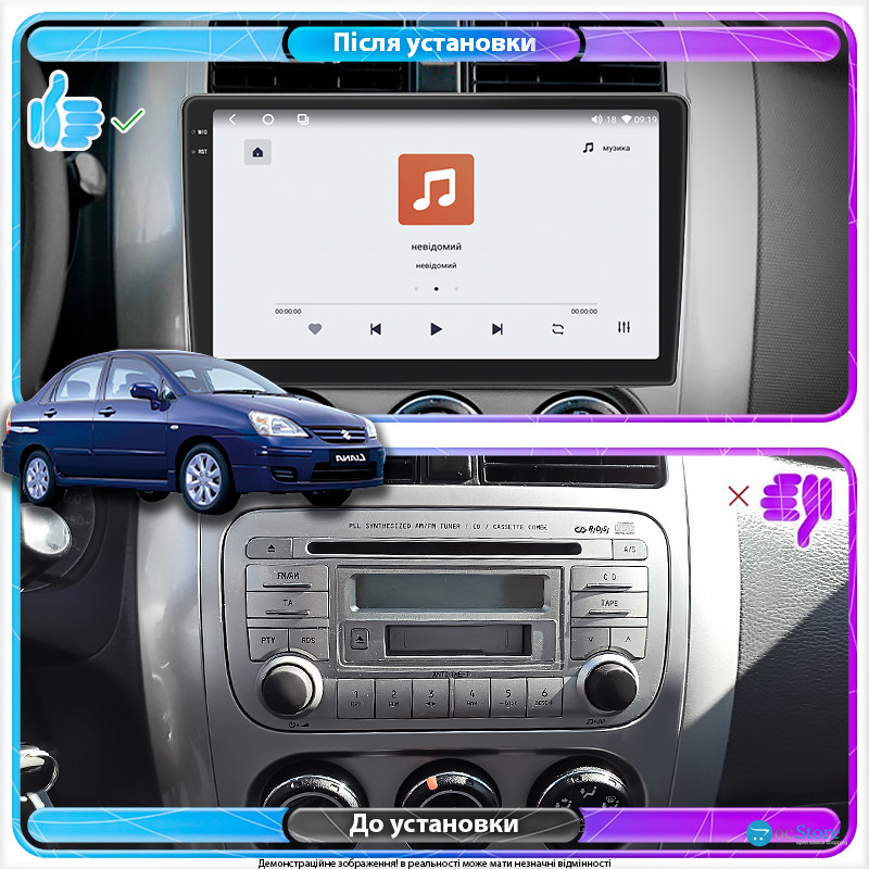 Штатная магнитола Lesko для Suzuki Liana I Рестайлинг 2004-2008 экран 9" 4/64 QLED CarPlay 4G Wi-Fi GPS 360 Prime