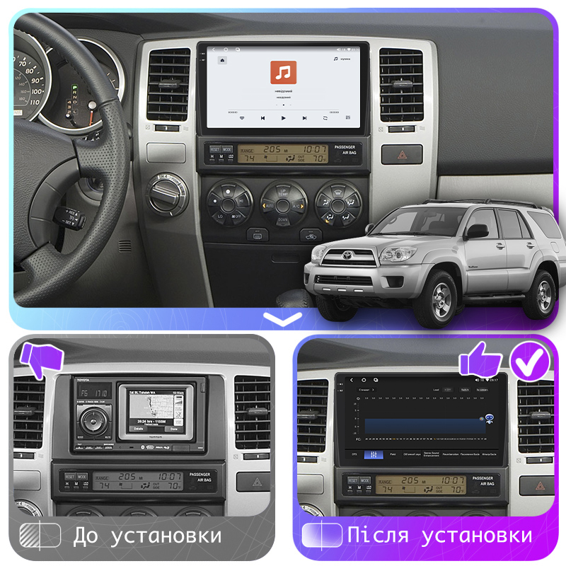 Штатная магнитола Lesko для Toyota 4Runner IV Рестайлинг 2005-2009 экран 9" 4/64 QLED CarPlay 4G Wi-Fi GPS 360 Prime