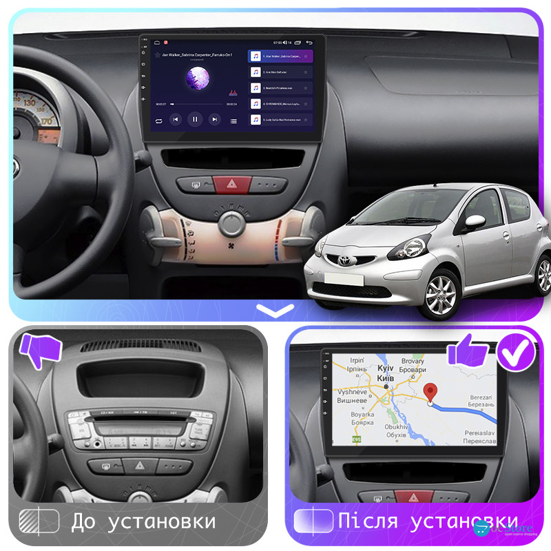 Штатная магнитола Lesko для Toyota Aygo I 2005-2009 экран 10" 4/64Gb CarPlay 4G Wi-Fi GPS Prime