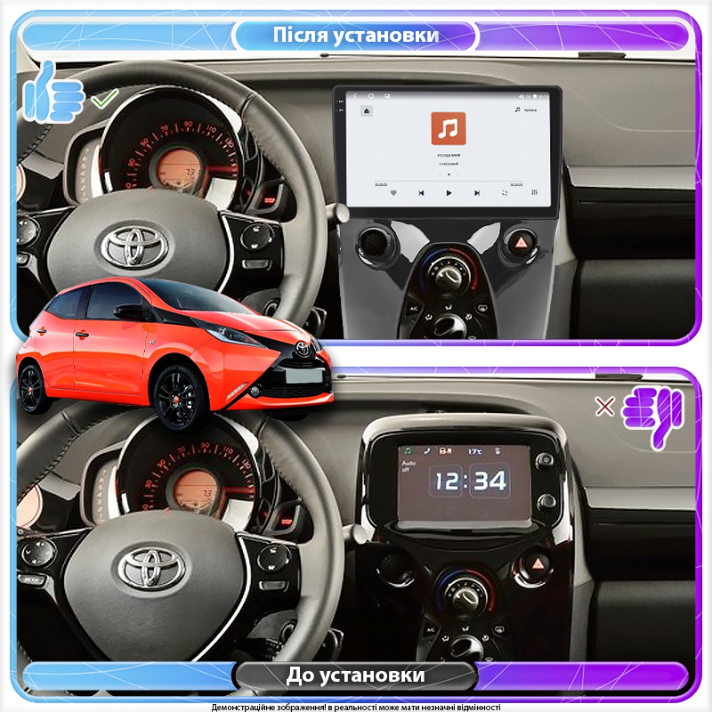 Штатная магнитола Lesko для Toyota Aygo II 2014-2018 экран 10" 4/64 QLED CarPlay 4G Wi-Fi GPS 360 Prime