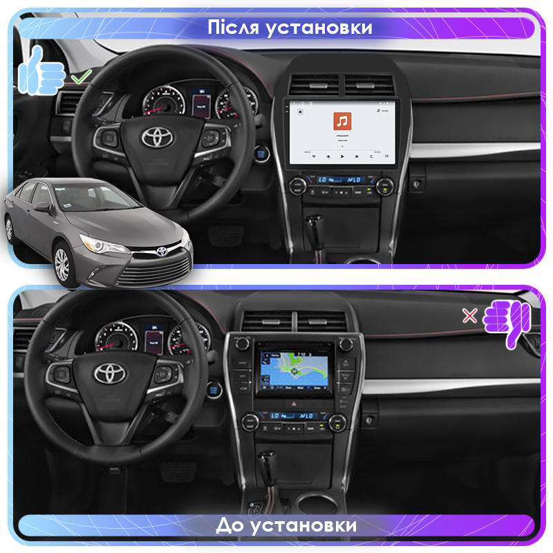 Штатная магнитола Lesko для Toyota Camry (USA) VII (V55) 2011-2015 экран 10" 4/64 QLED CarPlay 4G Wi-Fi GPS 360 Prime