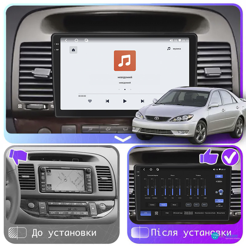 Штатная магнитола Lesko для Toyota Camry V (XV30) Рестайлинг 2004-2006 экран 9" 4/64 QLED CarPlay 4G Wi-Fi GPS 360 Prime