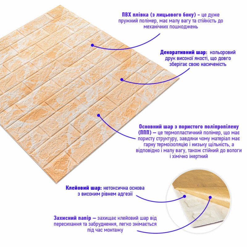 Декоративна 3D панель самоклейка 700х770х3мм Мармур жовтий (062-3) SW-00000694