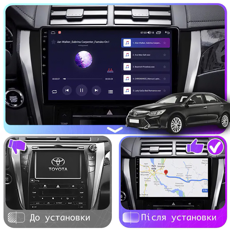 Штатная магнитола Lesko для Toyota Camry VII (XV50) Рестайлинг 2014-2017 экран 10" 1/16Gb Wi-Fi GPS Base