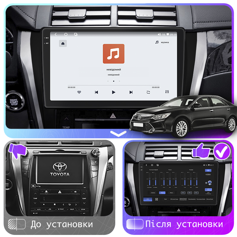 Штатная магнитола Lesko для Toyota Camry VII (XV50) Рестайлинг 2014-2017 экран 10" 4/64 QLED CarPlay 4G Wi-Fi GPS 360 Prime