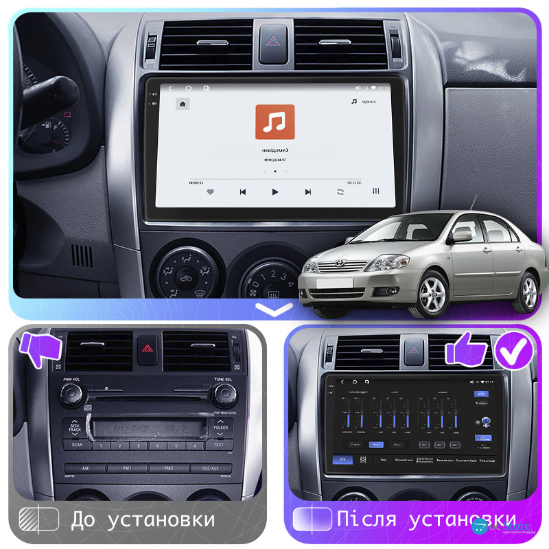 Штатная магнитола Lesko для Toyota Corolla IX (E120, E130) Рестайлинг 2003-2007 экран 9" 4/64 QLED CarPlay 4G Wi-Fi GPS 360 Prime