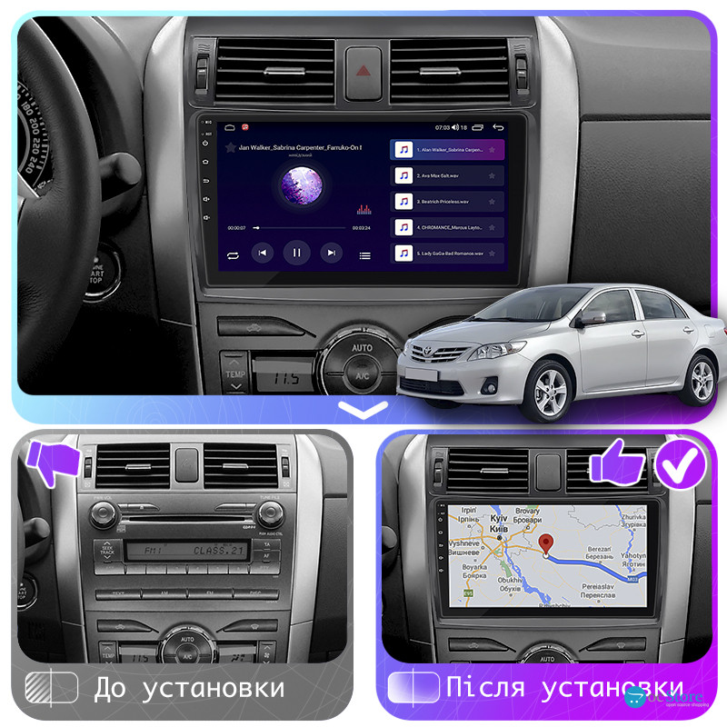 Штатная магнитола Lesko для Toyota Corolla X (E140, E150) Рестайлинг 2010-2013 экран 9" 2/32Gb CarPlay 4G Wi-Fi GPS Prime