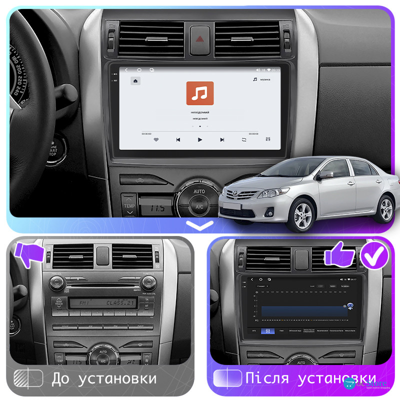 Штатная магнитола Lesko для Toyota Corolla X (E140, E150) Рестайлинг 2010-2013 экран 9" 4/64 QLED CarPlay 4G Wi-Fi GPS 360 Prime