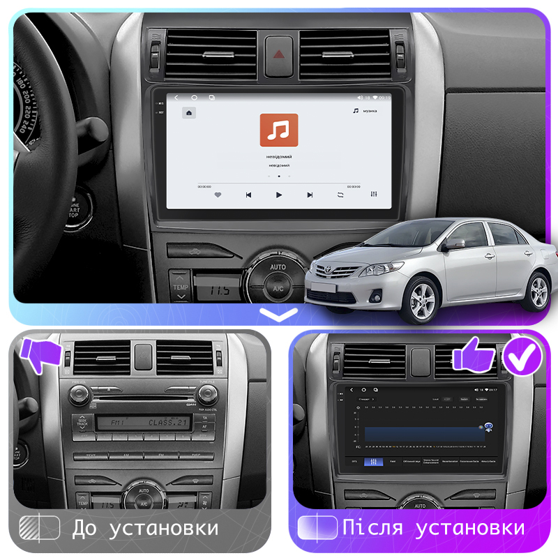 Штатная магнитола Lesko для Toyota Corolla X (E140, E150) Рестайлинг 2010-2013 экран 9" 4/64 QLED CarPlay 4G Wi-Fi GPS 360 Prime