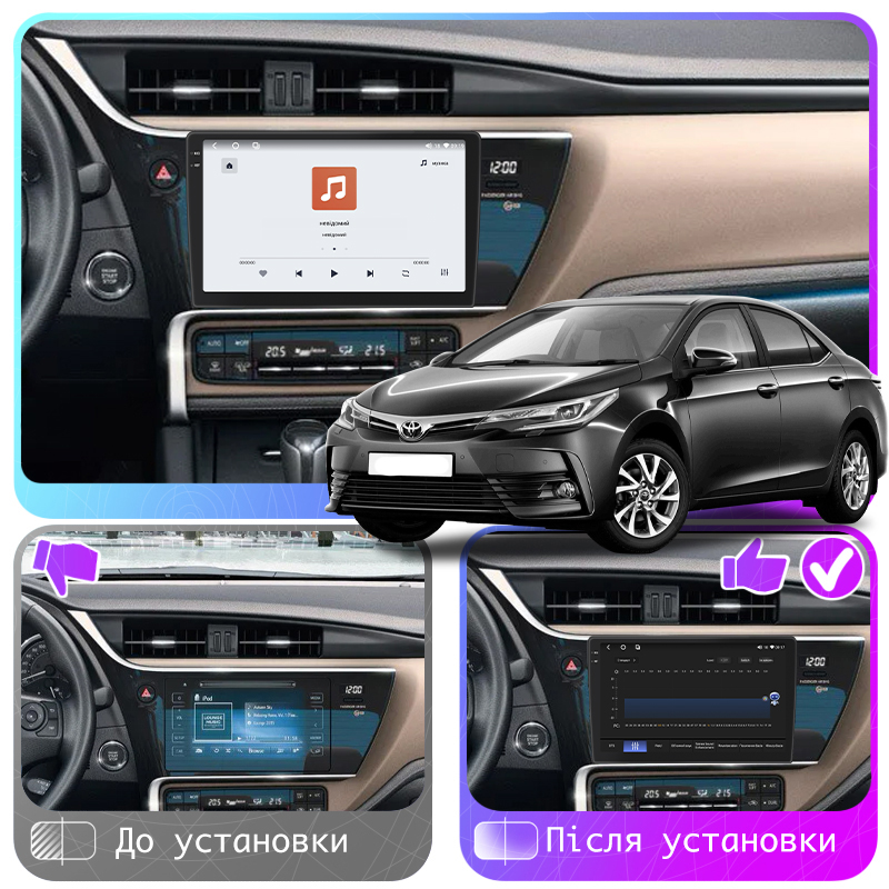 Штатная магнитола Lesko для Toyota Corolla XI (E160, E170) Рестайлинг 2015-н.в. экран 10" 4/64 QLED CarPlay 4G Wi-Fi GPS 360 Prime