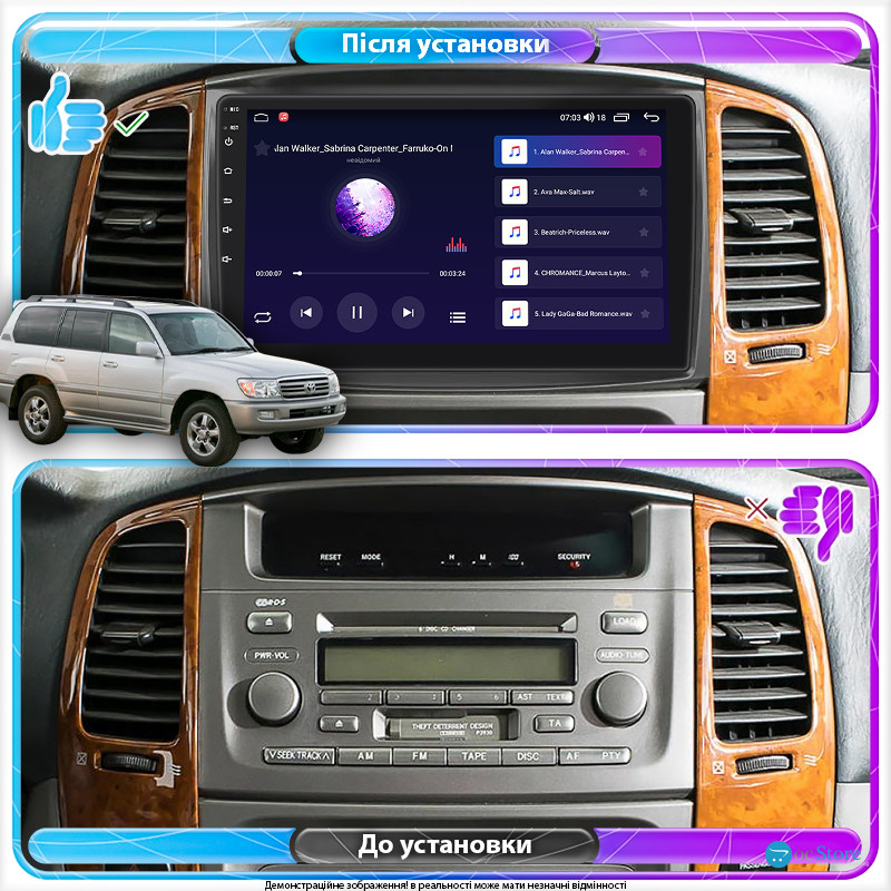 Штатная магнитола Lesko для Toyota Land Cruiser 100 Series Рестайлинг 2 2005-2007 экран 10" 2/32Gb CarPlay 4G Wi-Fi GPS Prime