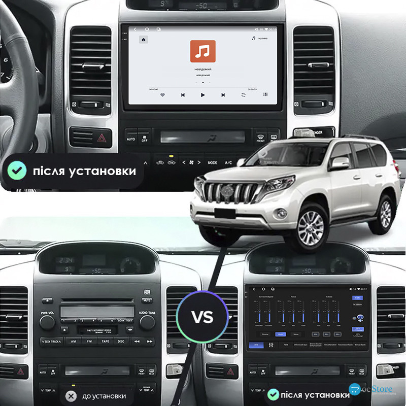 Штатная магнитола Lesko для Toyota Land Cruiser Prado 120 Series Рестайлинг 2007-2009 экран 9" 4/64 QLED CarPlay 4G Wi-Fi GPS 360 Prime