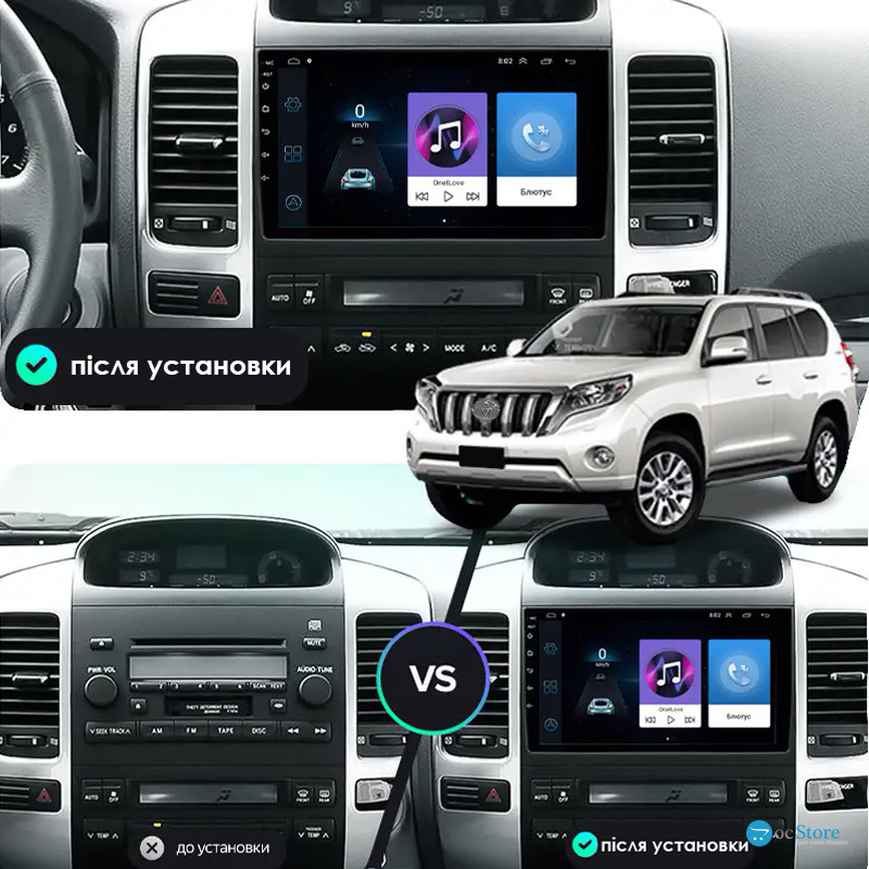 Штатная магнитола Lesko для Toyota Land Cruiser Prado 120 Series Рестайлинг 2007-2009 экран 9" 4/64Gb 4G Wi-Fi GPS Top