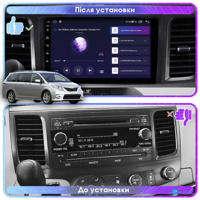 Штатная магнитола Lesko для Toyota Sienna III 2010-2014 экран 9" 1/16Gb Wi-Fi GPS Base