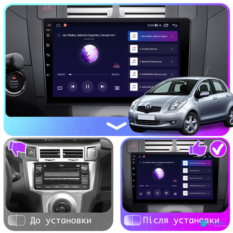 Штатная магнитола Lesko для Toyota Yaris II 2005-2009 экран 9" 2/32Gb CarPlay 4G Wi-Fi GPS Prime