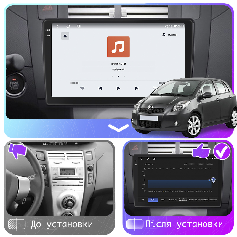 Штатная магнитола Lesko для Toyota Yaris II 2005-2009 экран 9" 4/64 QLED CarPlay 4G Wi-Fi GPS 360 Prime