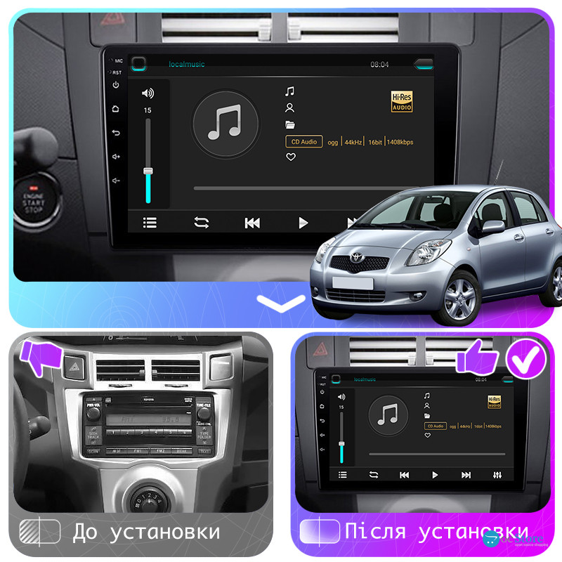 Штатная магнитола Lesko для Toyota Yaris II Рестайлинг 2009-2012 экран 9" 6/128Gb 4G Wi-Fi GPS Top