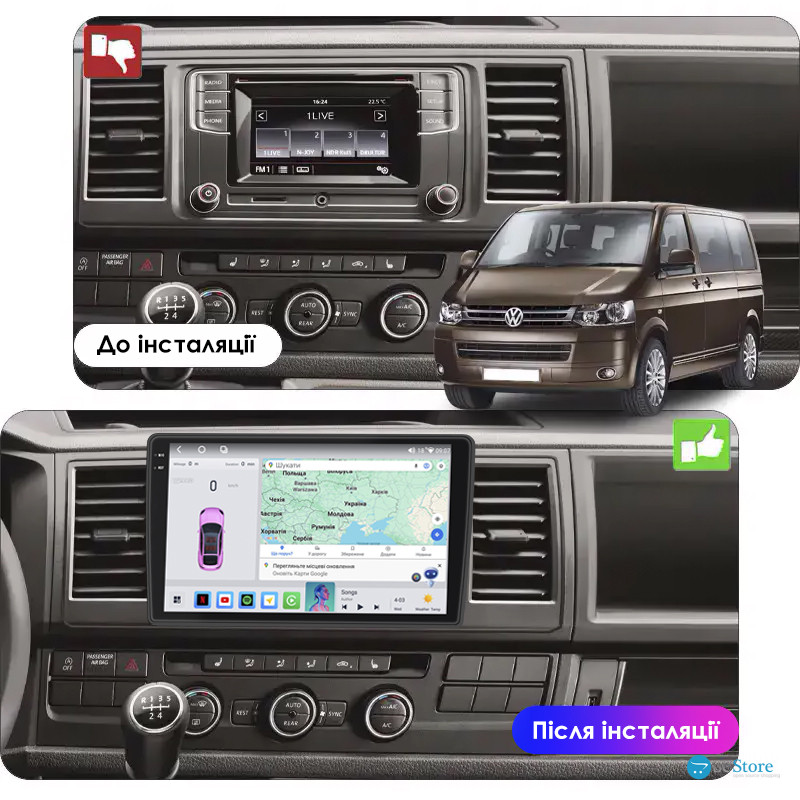 Штатная магнитола Lesko для Volkswagen Caravelle T5 Рестайлинг 2009-2015 экран 10" 4/64 QLED CarPlay 4G Wi-Fi GPS 360 Prime