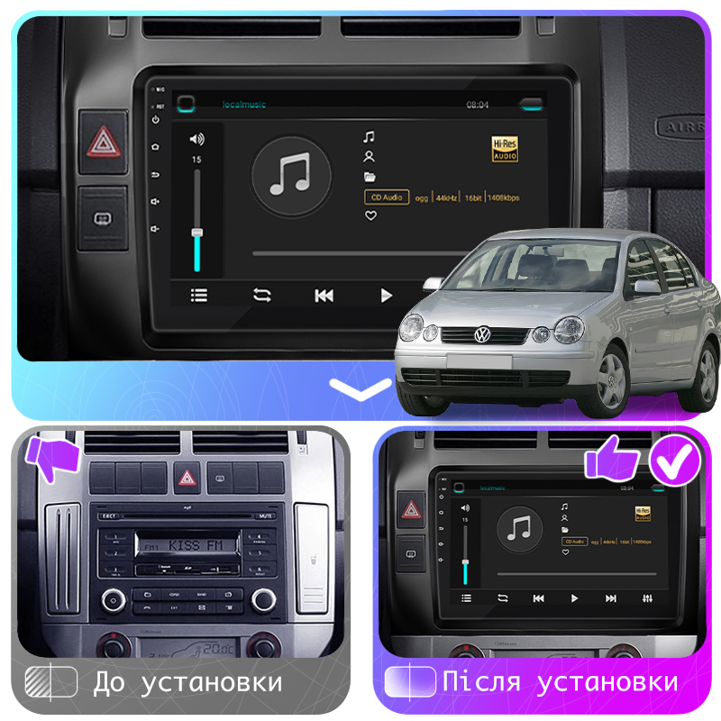 Штатная магнитола Lesko для Volkswagen Polo IV 2001-2005 экран 9" 6/128Gb 4G Wi-Fi GPS Top