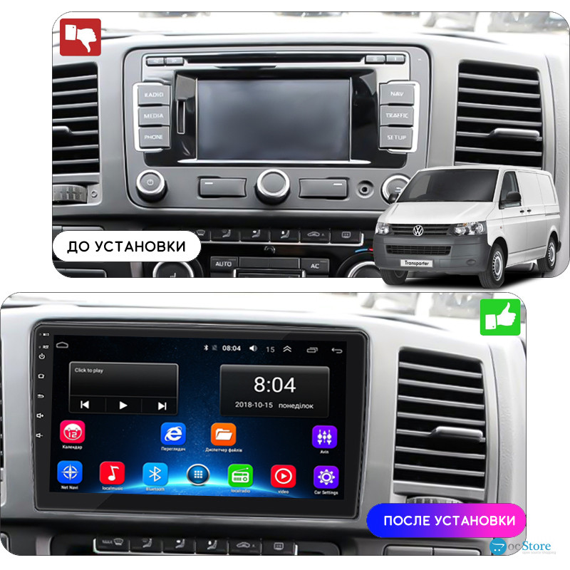 Штатная магнитола Lesko для Volkswagen Transporter T5 Рестайлинг 2009-2015 экран 10" 2/32Gb Wi-Fi GPS Base