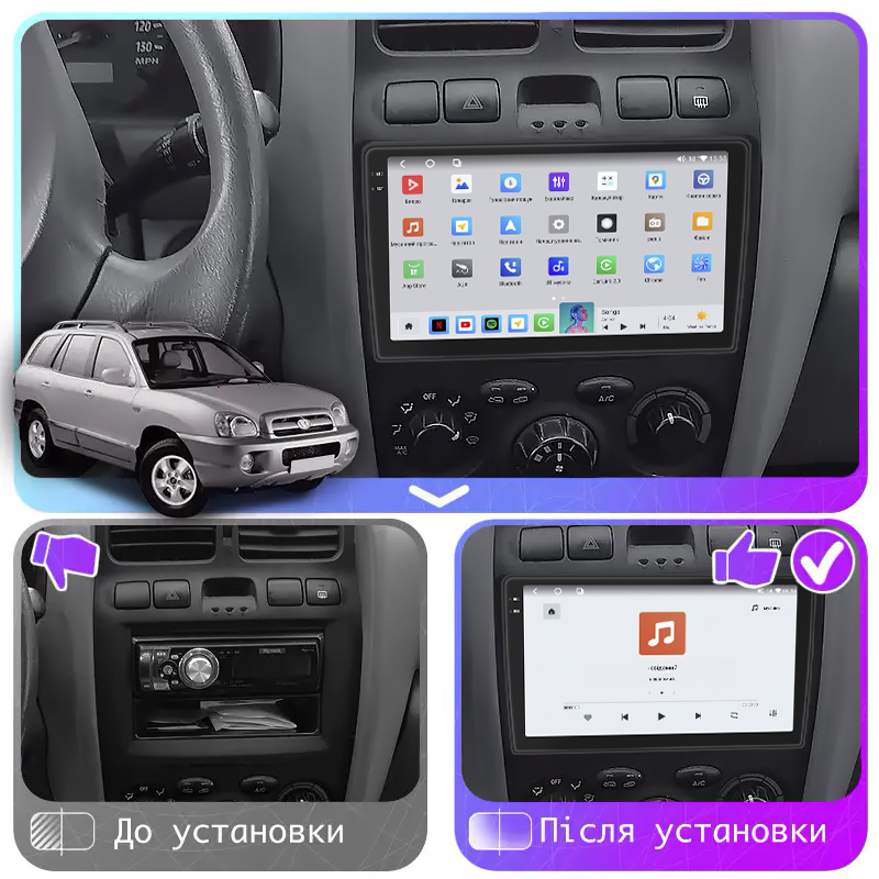 Штатная магнитола Lesko для Hyundai Santa Fe I 2000-2012 экран 9" 4/64 QLED CarPlay 4G Wi-Fi GPS 360 Prime