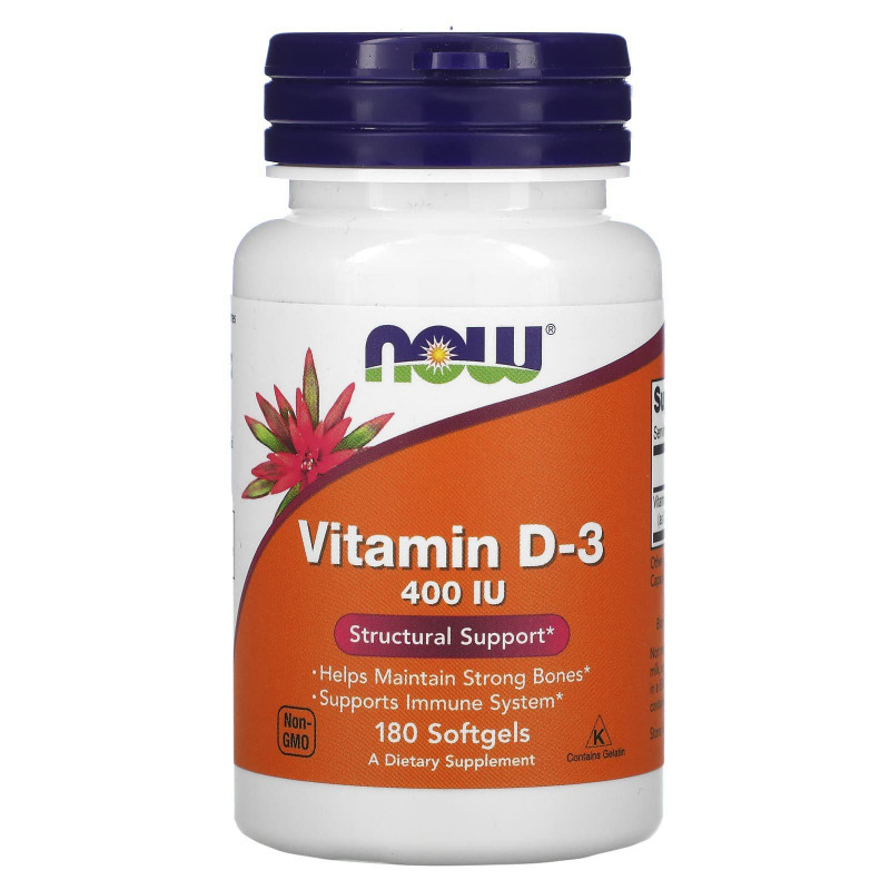 Вітамін D3, Vitamin D-3, Now Foods, структурна підтримка, 10 мкг (400 МО), 180 гелевих капсул