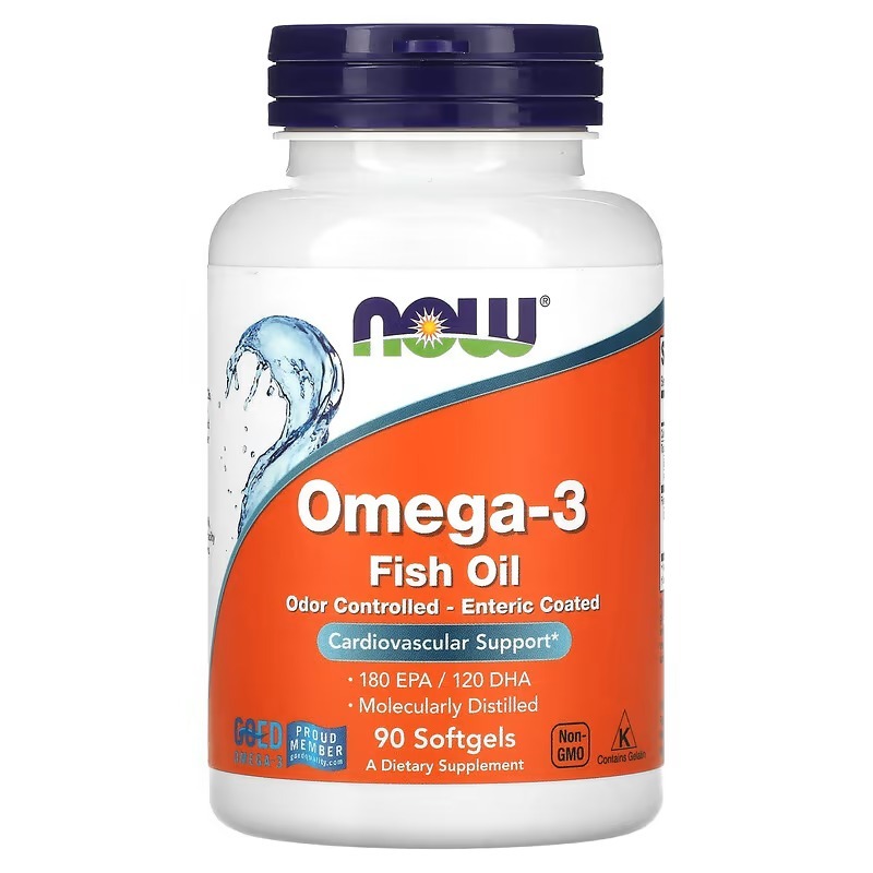Омега-3 риб'ячий жир, Omega-3 Fish Oil, NOW Foods, 1000 мг, 180 ЕПК/ 120 ДГК, в кишковорозчинній оболонці, 90 гелевих капсул