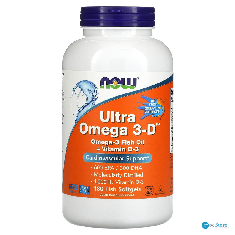 Омега 3-D ультра, Omega 3-D, 600 EPA/300 DHA NOW Foods, 180 рибних гелевих капсул