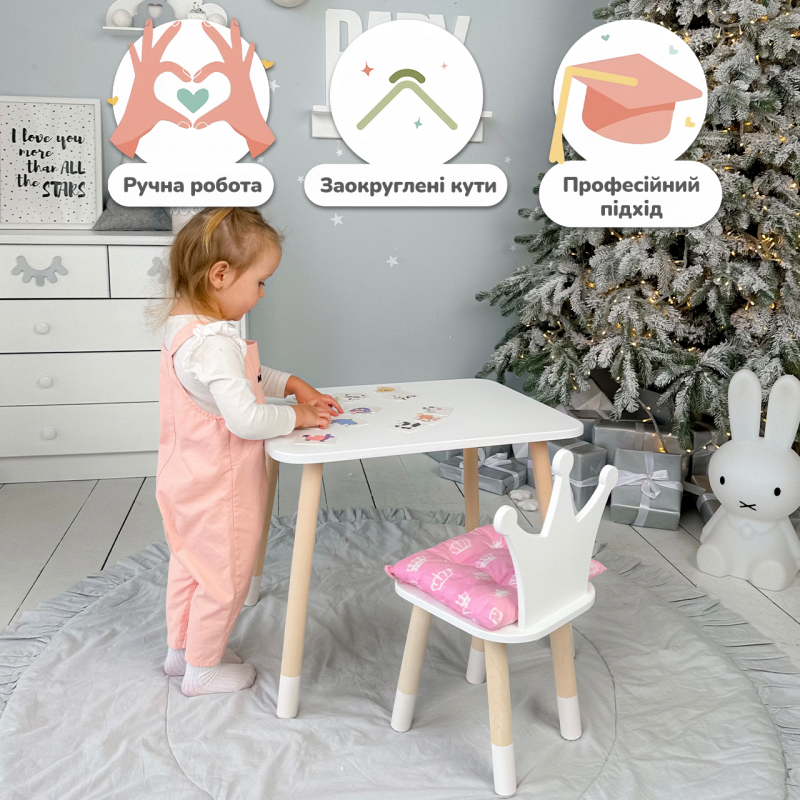 Дитячий стільчик "корона" з дерева 26.5х26х25см, стілець для дівчинки, білий з рожевим