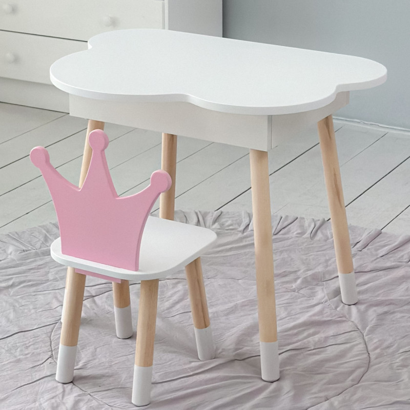 Дитячий стільчик "корона" з дерева 26.5х26х25см, стілець для дівчинки, білий з рожевим