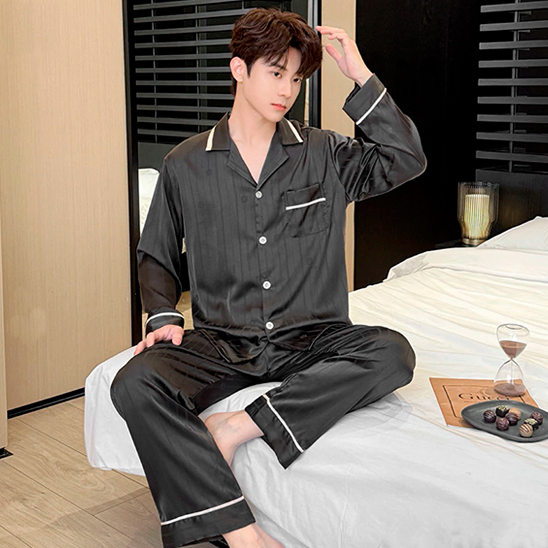 Шелковый комплект мужской пижамы TX0030 Черный рубашка с длинным рукавом и штанами атласная 2XL