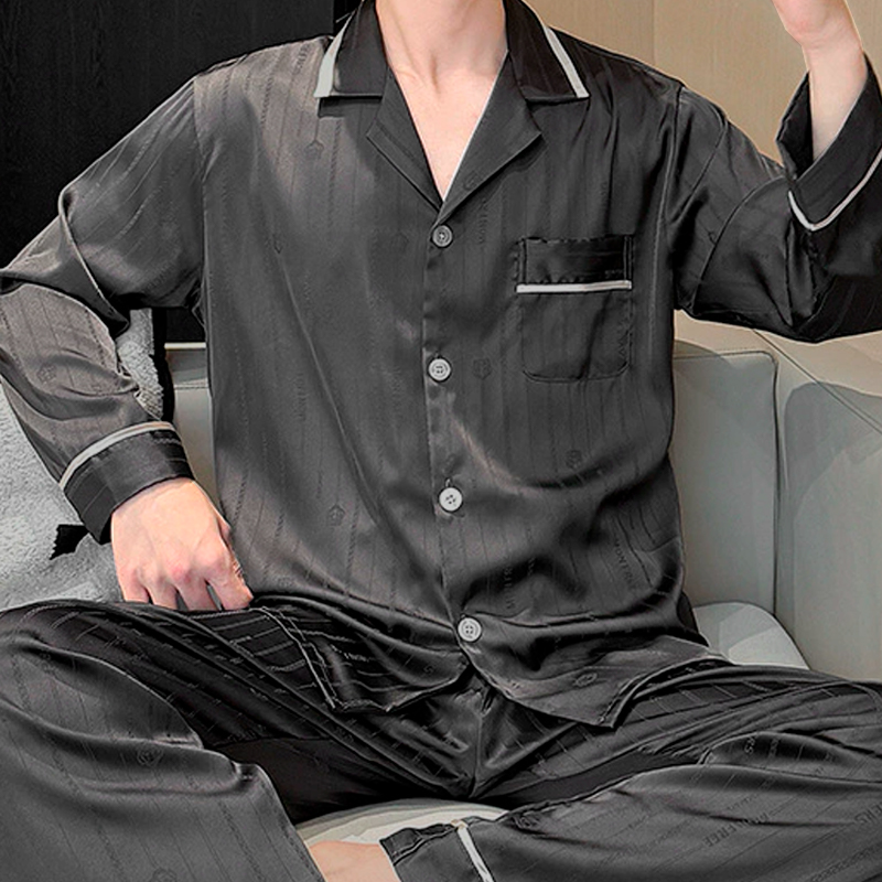 Шелковый комплект мужской пижамы TX0030 Черный рубашка с длинным рукавом и штанами атласная 2XL