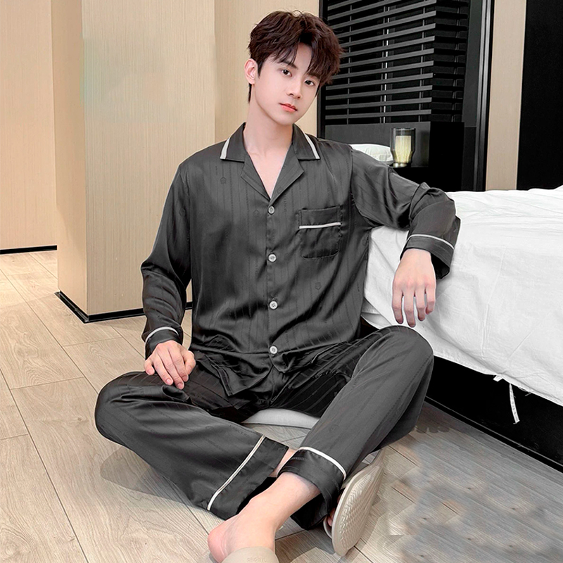 Шелковый комплект мужской пижамы TX0030 Черный рубашка с длинным рукавом и штанами атласная 2XL