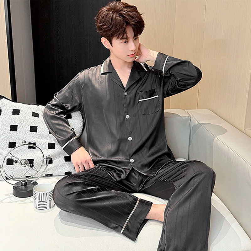 Шелковый комплект мужской пижамы TX0030 Черный рубашка с длинным рукавом и штанами атласная XL