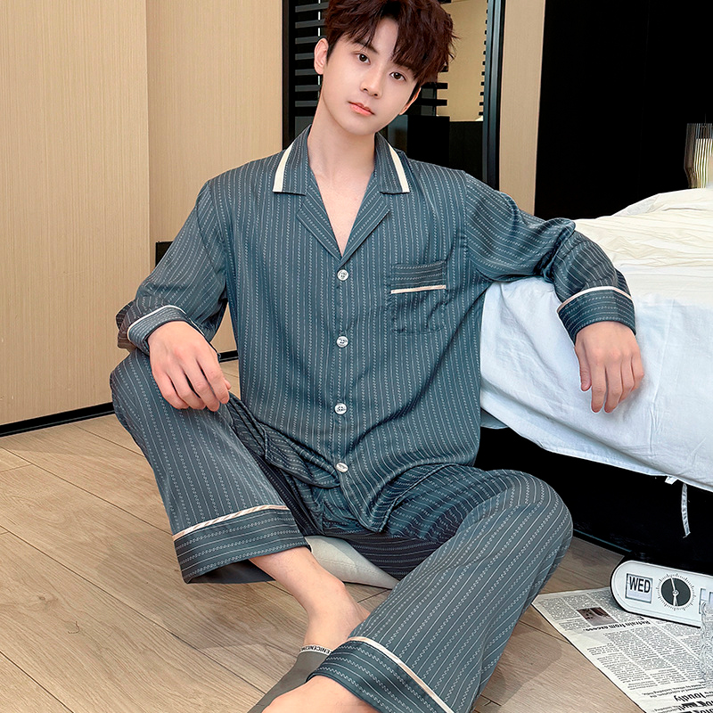 Шелковый комплект мужской пижамы TX0031 Зеленый рубашка с длинным рукавом и штанами атласная 2XL