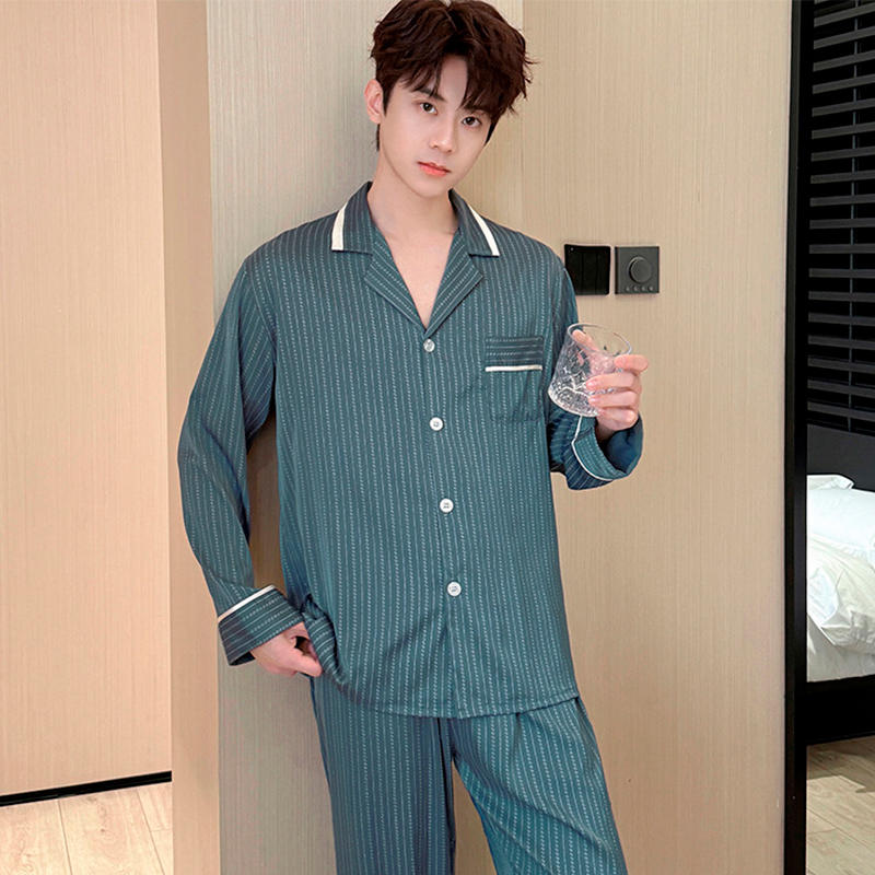 Шелковый комплект мужской пижамы TX0031 Зеленый рубашка с длинным рукавом и штанами атласная 2XL